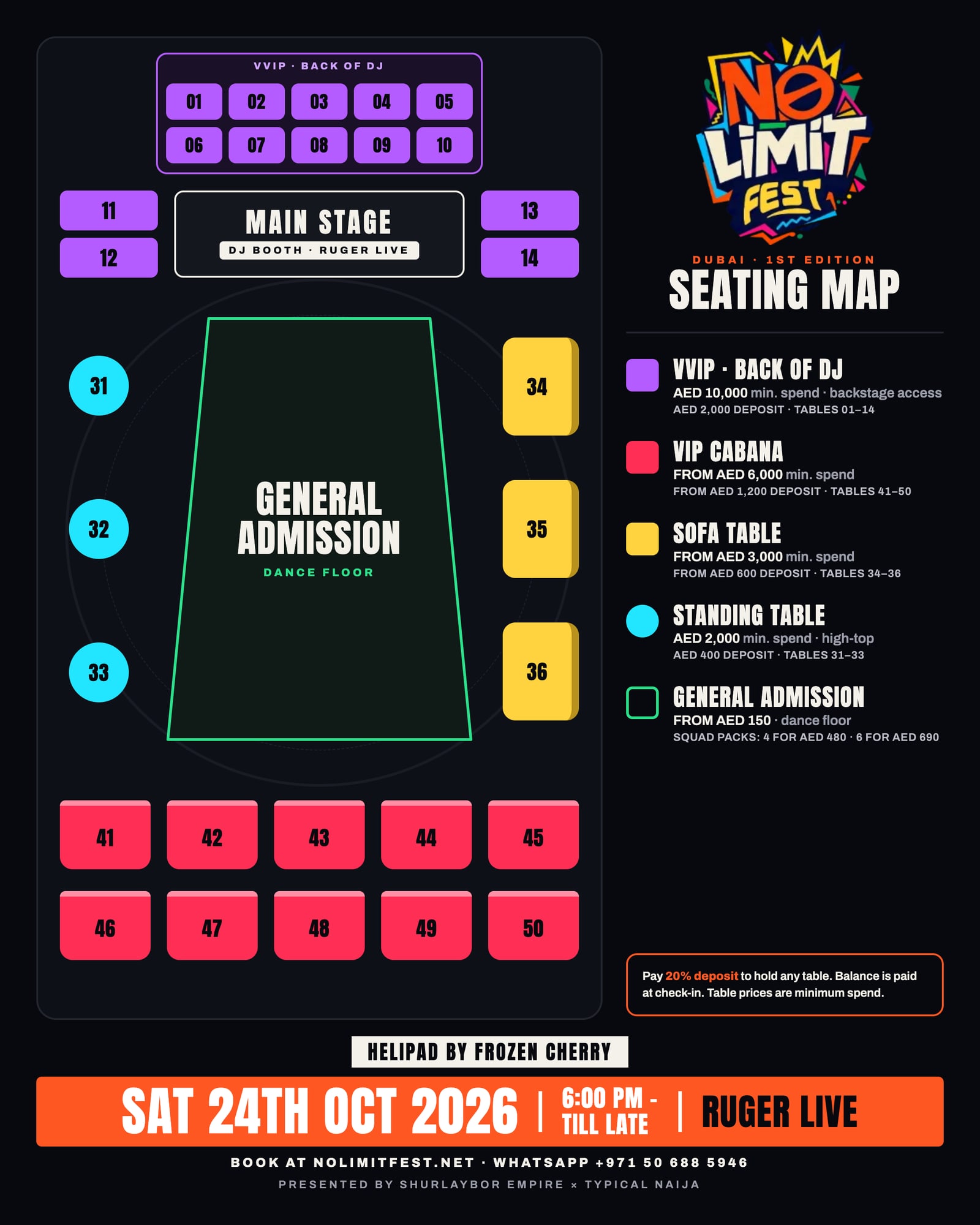 No Limit Fest Dubai seating map: VVIP tables 01β14 behind the DJ booth, standing tables 31β33, sofa tables 34β36, VIP cabanas 41β50 and the general admission dance floor at Helipad by Frozen Cherry